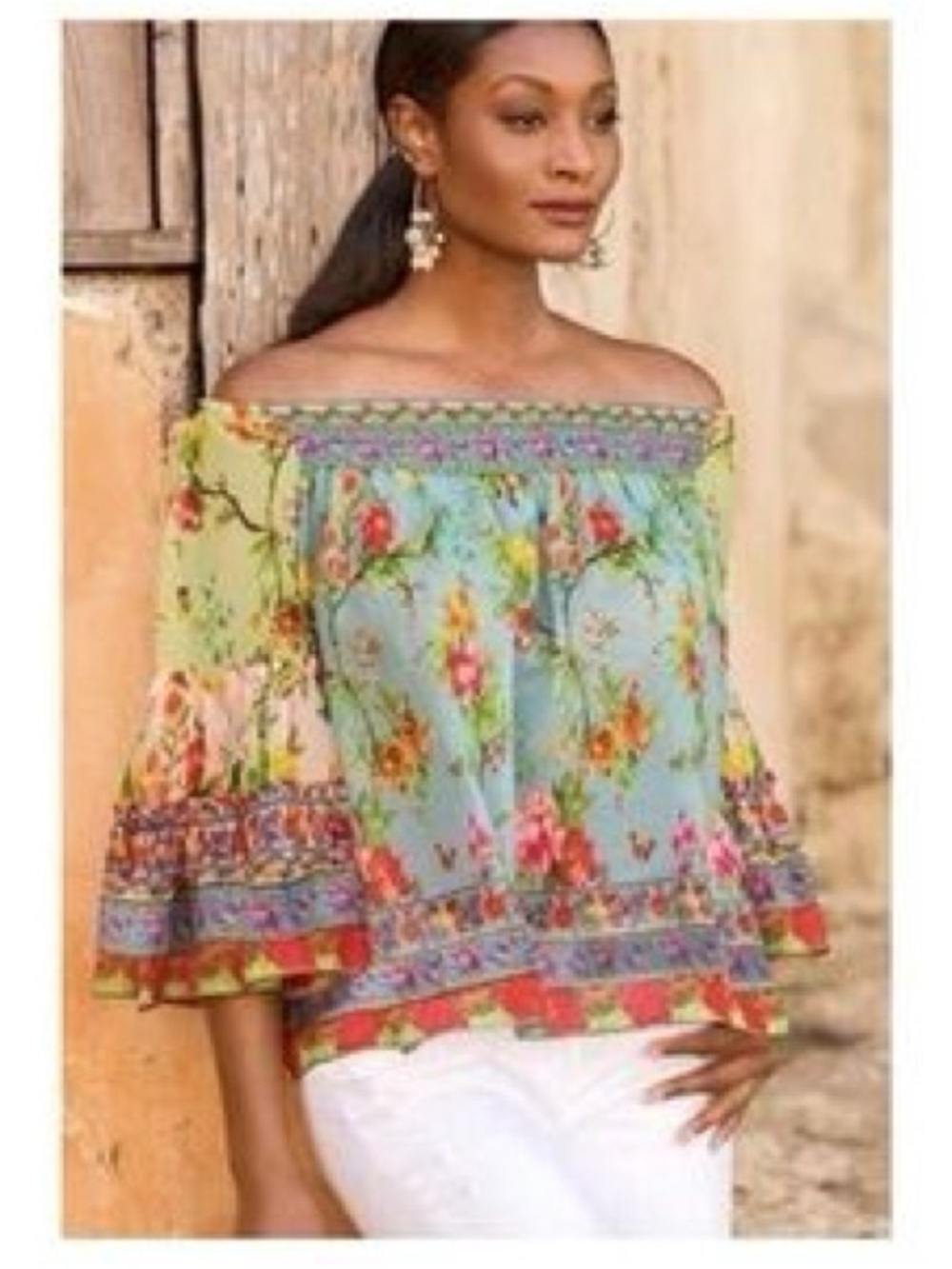 Boston Proper Floral Off-Shoulder Peasant Top in Light Blue and Green